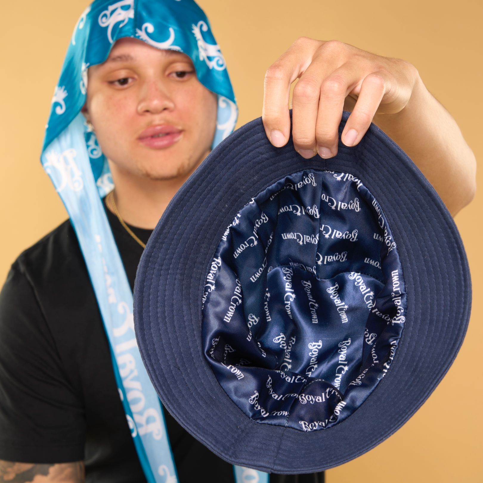 navy blue satin lined bucket hat