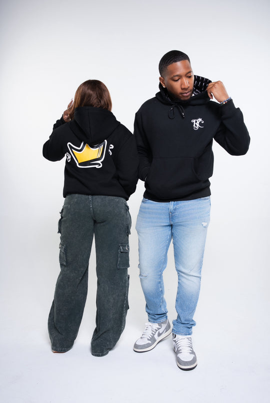 Man and woman wearing satin lined hoodie to protect natural hair