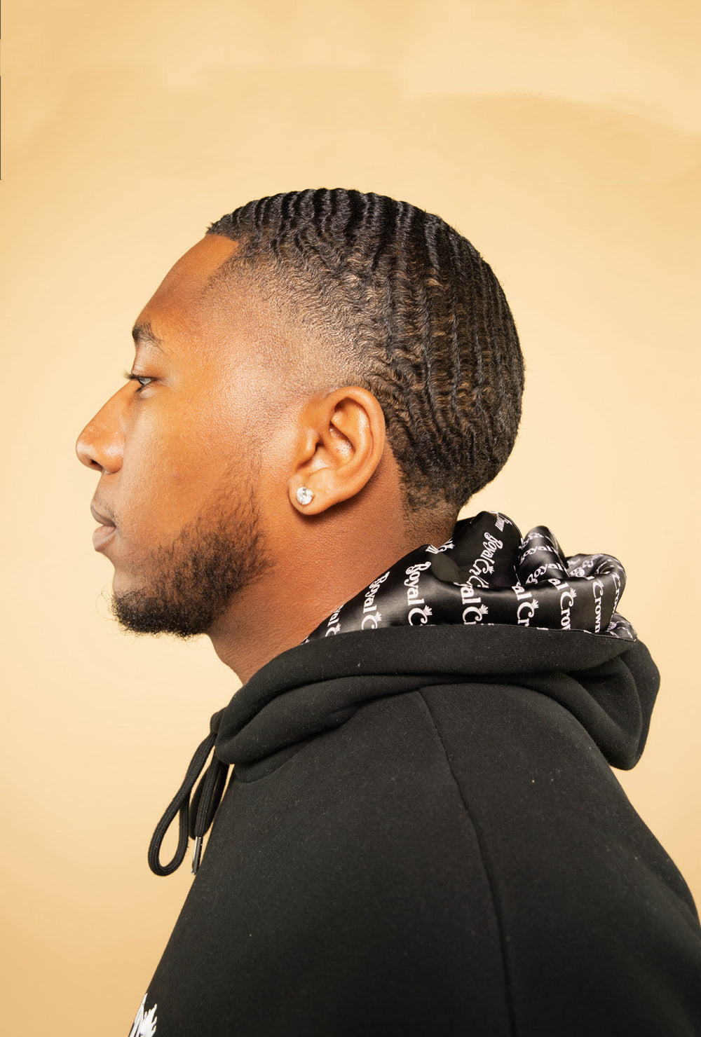 Side view of black satin lined hoodie