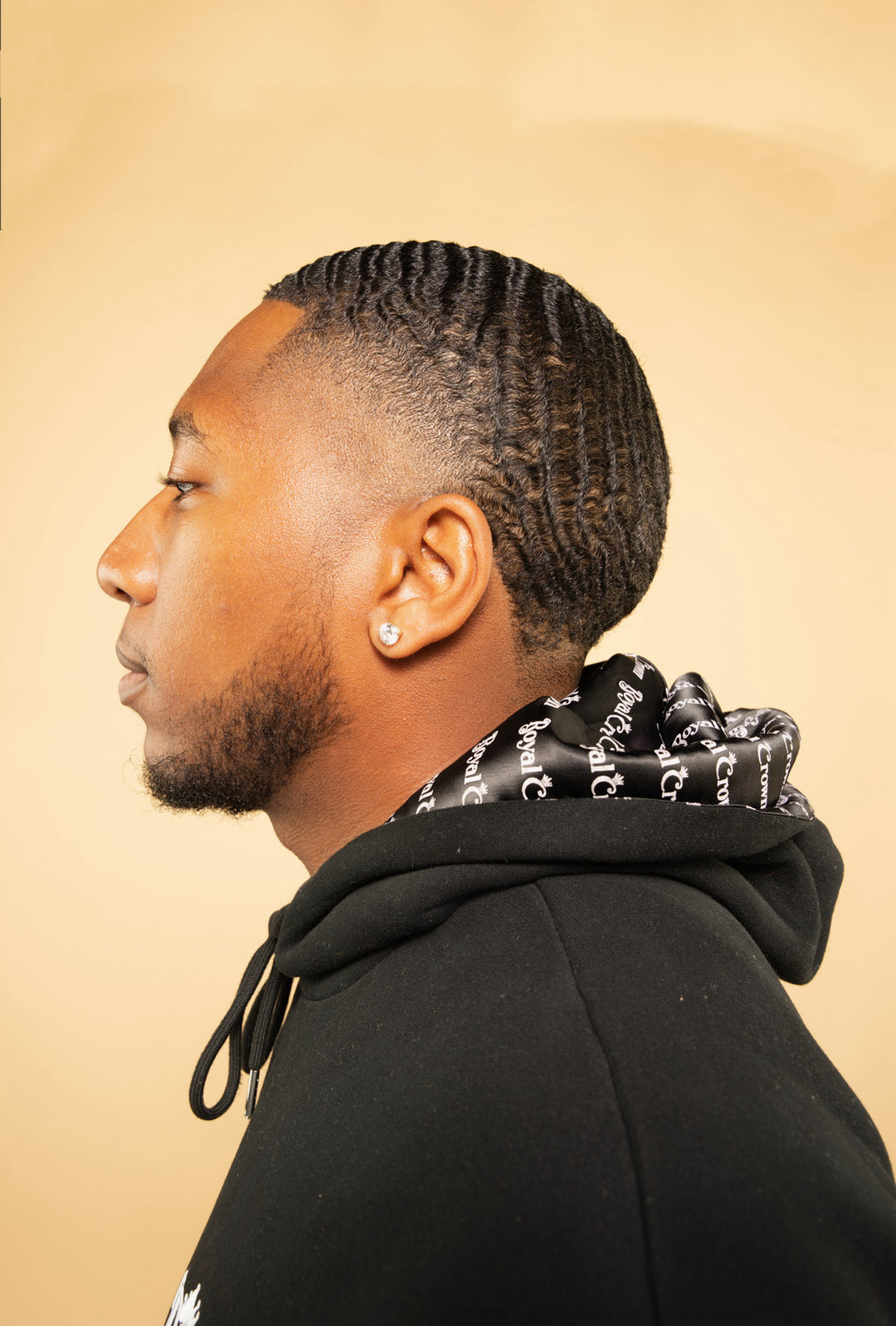 Side view of black satin lined hoodie