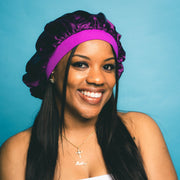 front view of purple double satin bonnet