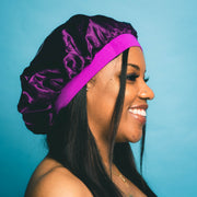 side view of purple double satin bonnet