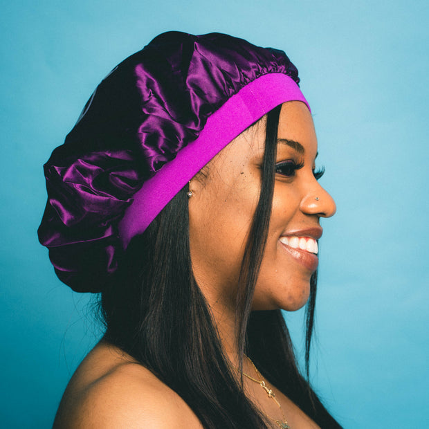 side view of purple double satin bonnet