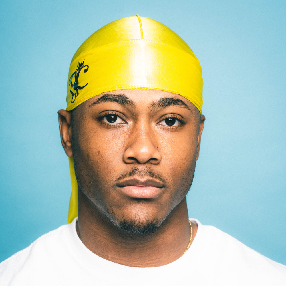 front view of yellow royal crown silk durag
