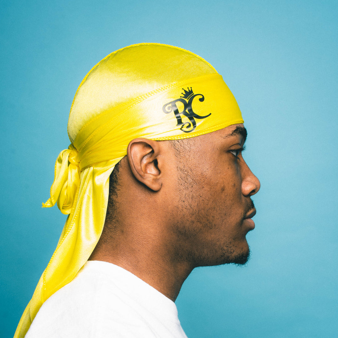 side view of yellow silky durag