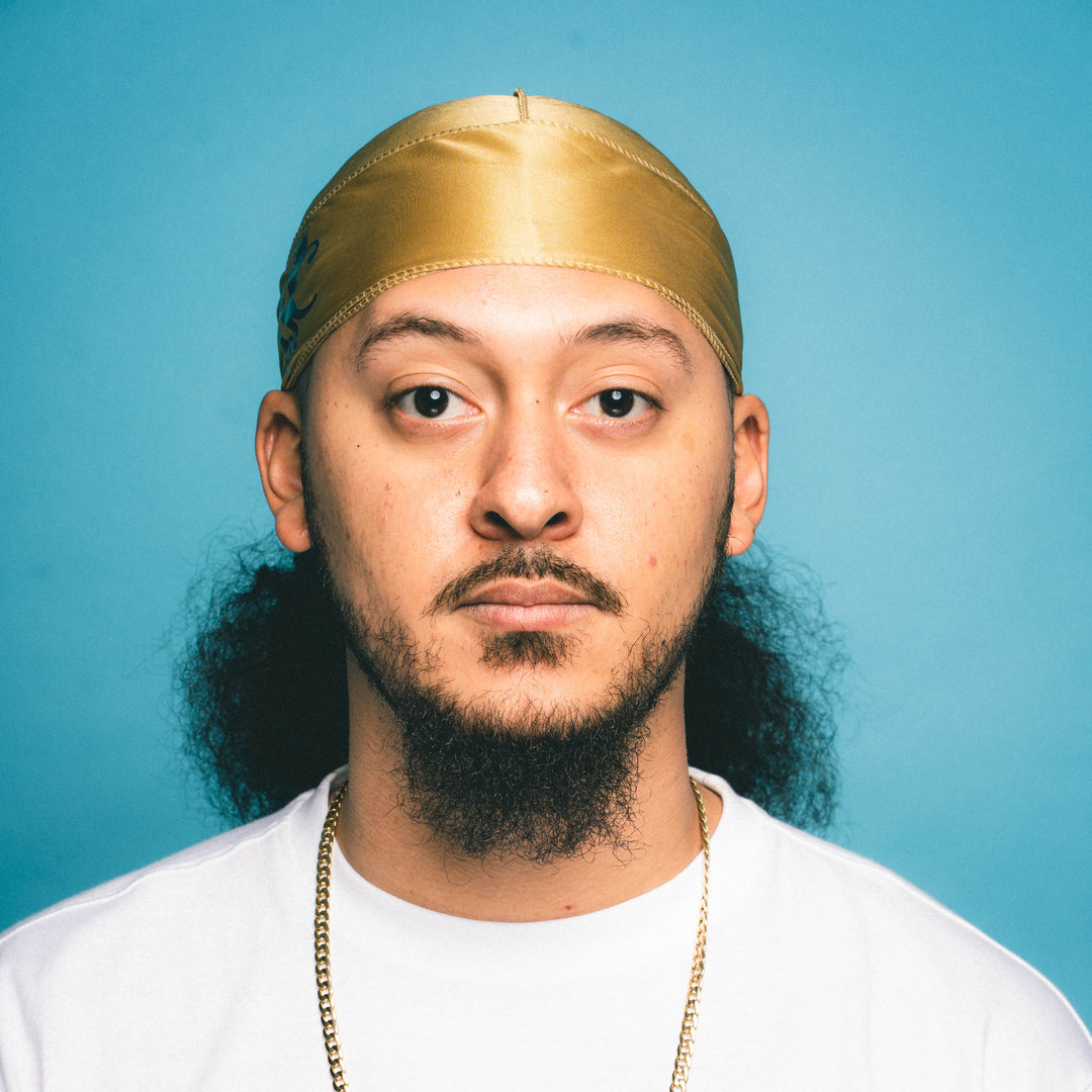 front view of gold royal crown silk durag