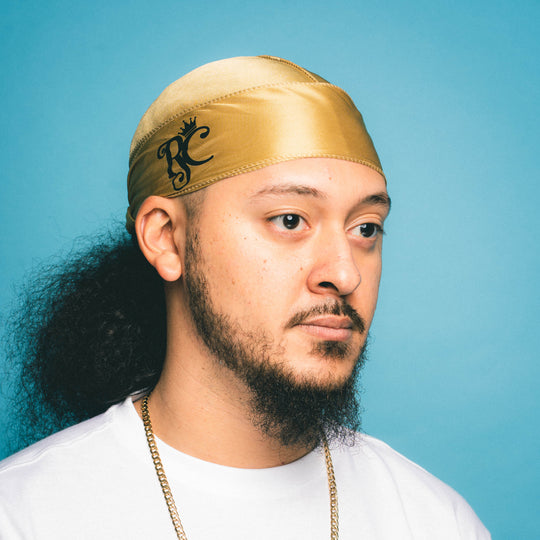 corner view of gold royal crown silk durag