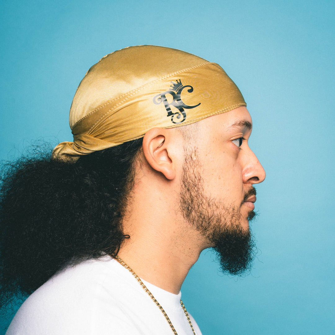 side view of gold royal crown silk durag