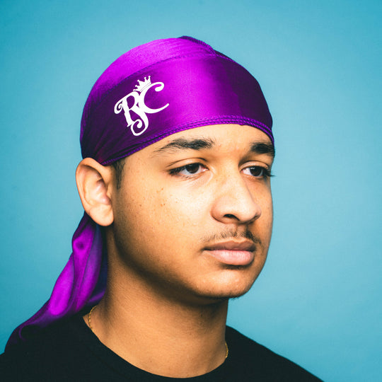 corner view of purple silky durag
