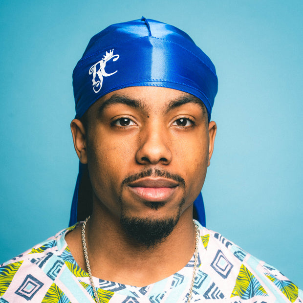 front view of blue silky durag