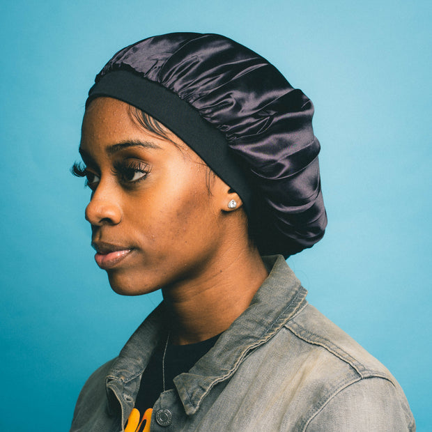 Satin bonnet with adjustable drawstring to prevent slipping
