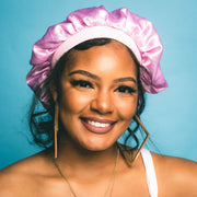 front view of pink double satin bonnet