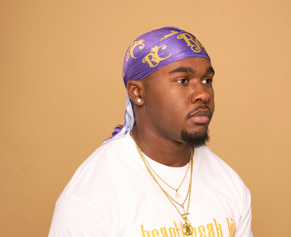 purple and gold silk durag