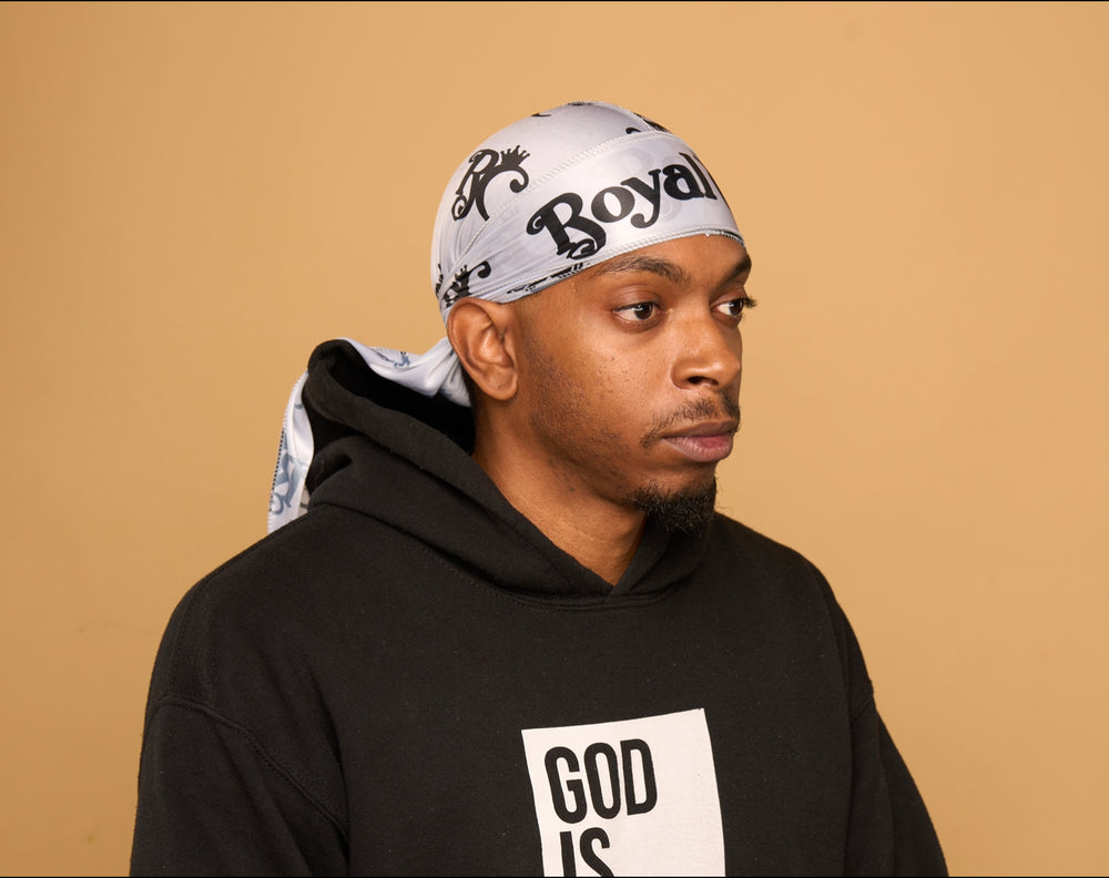 silver and black silk durag