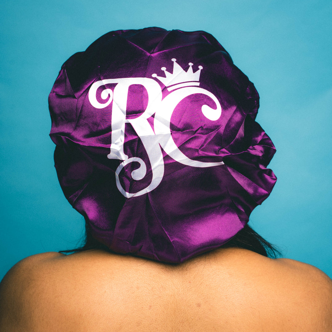 back view of purple double satin bonnet