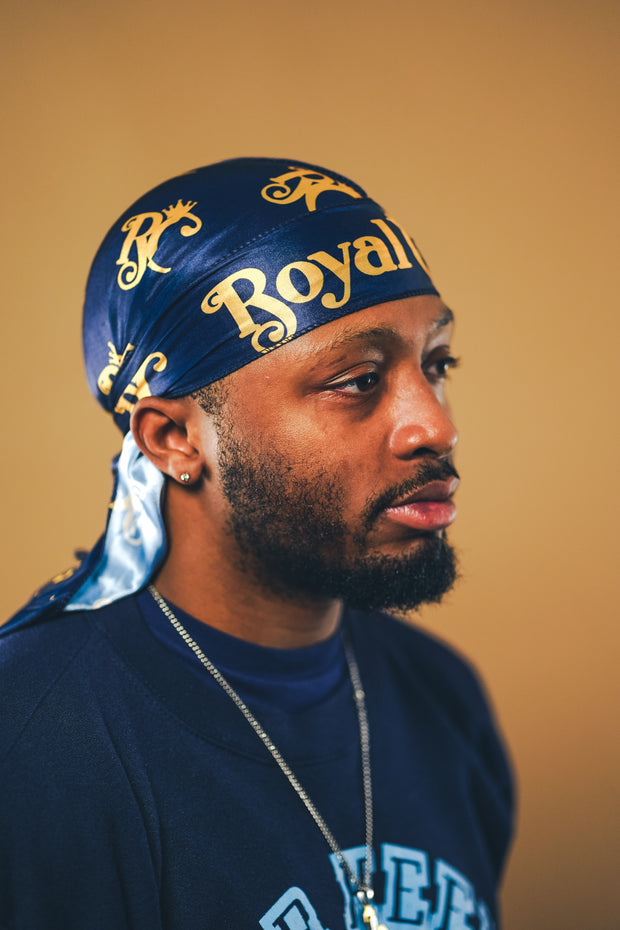 navy blue and gold silk durag