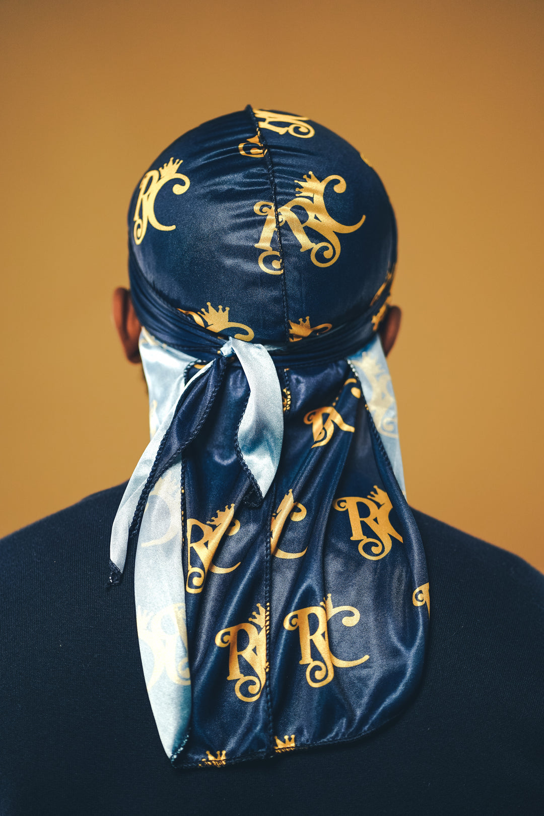 navy blue and gold silk durag