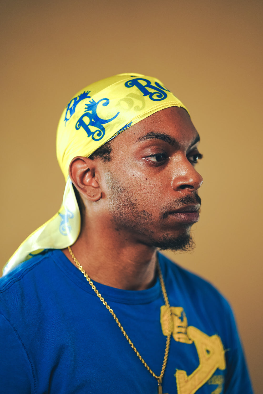 yellow and blue silk durag