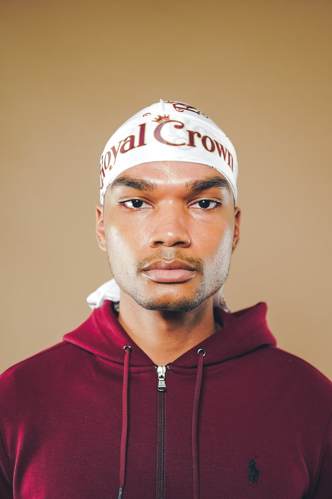 white and maroon silk durag