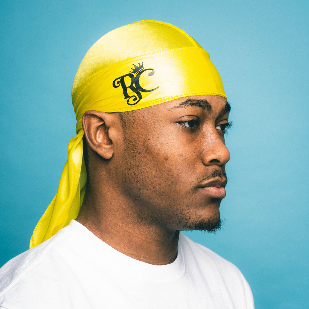 corner logo view of yellow silky durag