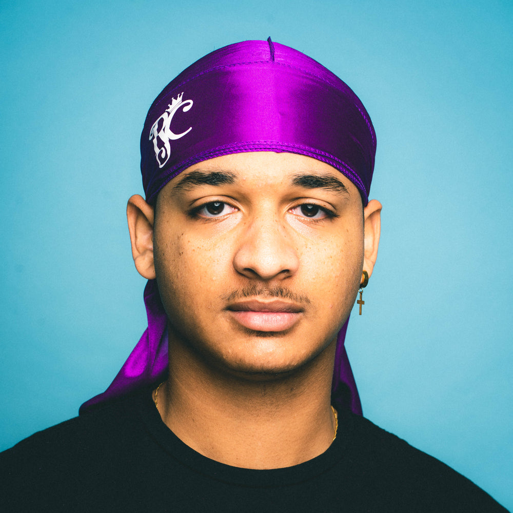 front view of purple silky durag