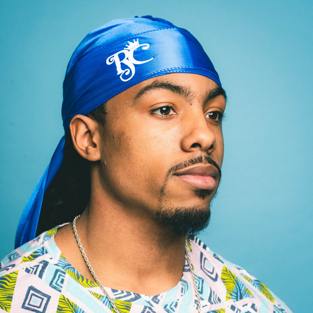 corner view of blue silky durag