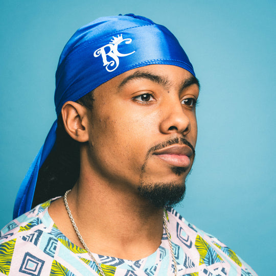corner view of blue silky durag