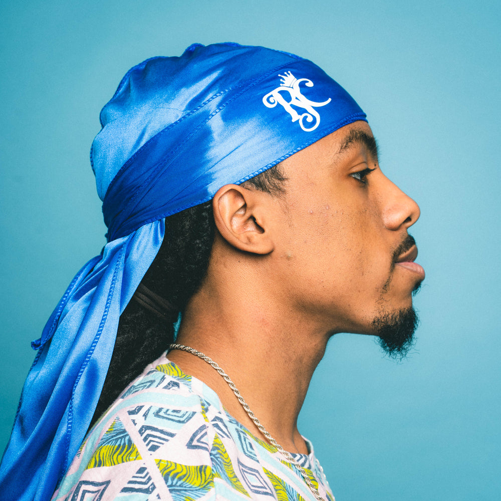 side view of blue silky durag