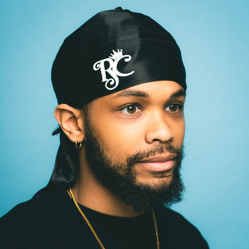 Black silk durag tied back for 360 waves