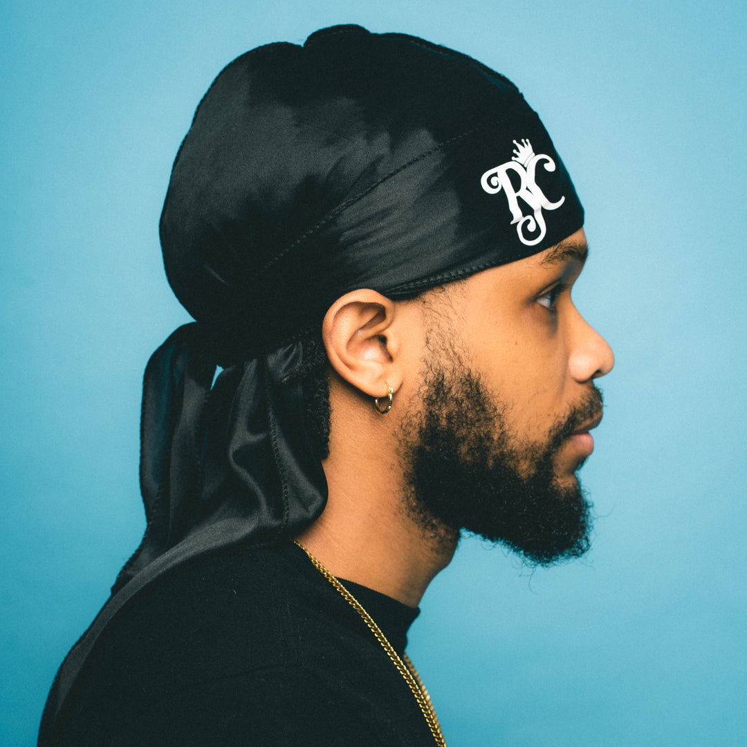Man wearing Royal Crown Black Silk Durag side view