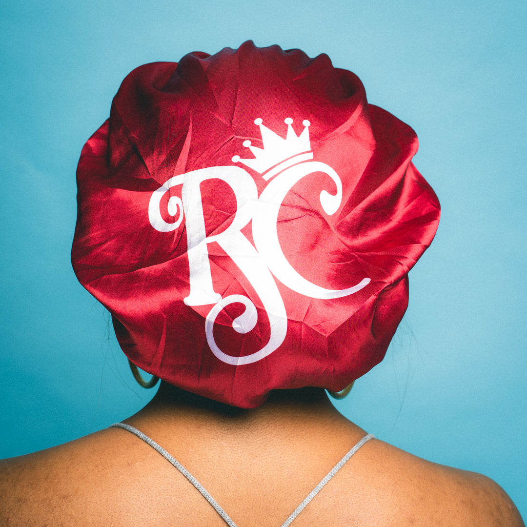 back view of red double satin bonnet