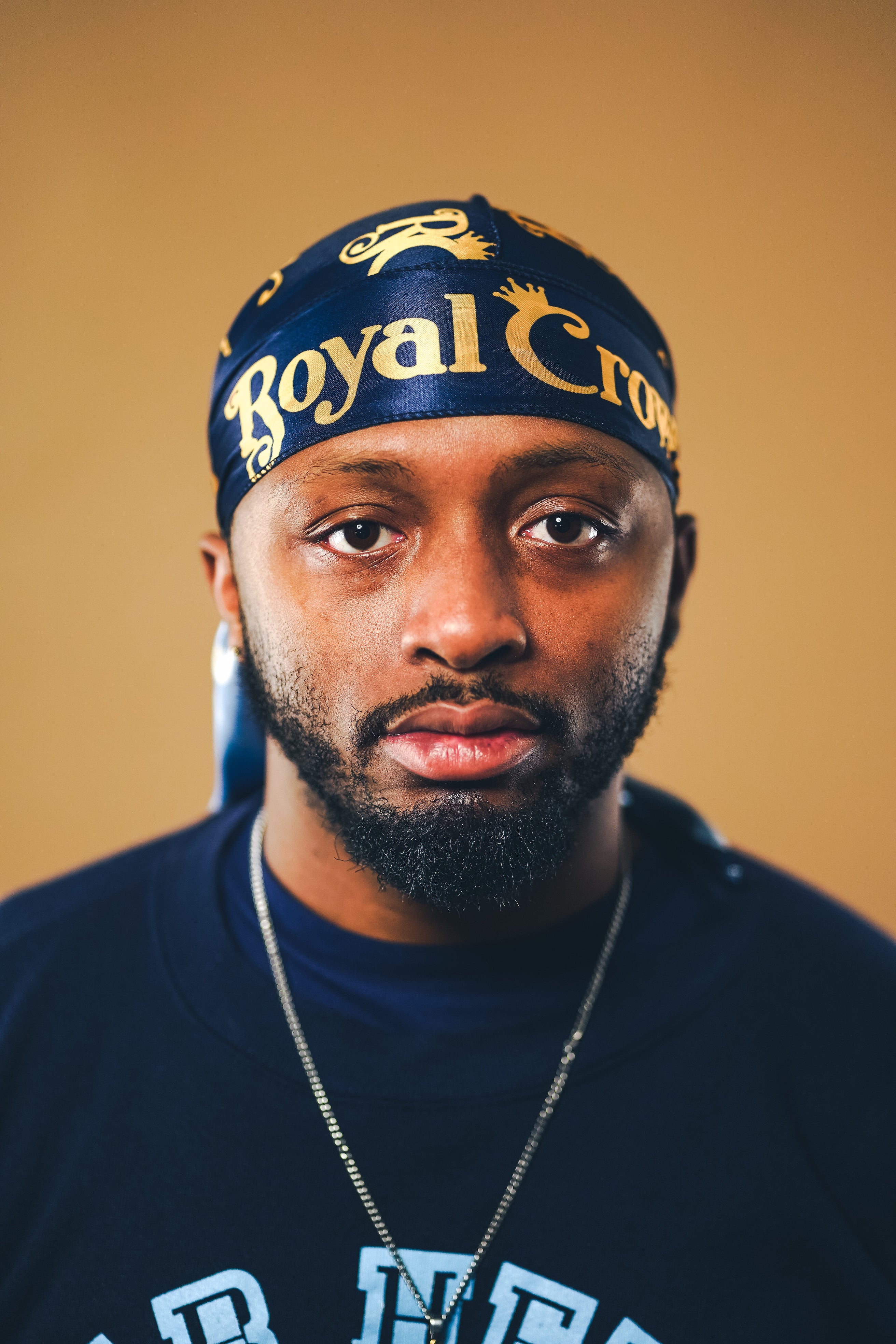 navy blue and gold silk durag