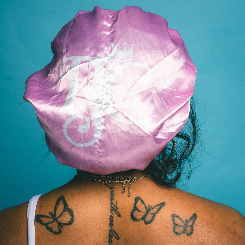 back view of pink double satin bonnet