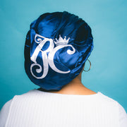 back view of navy blue double satin bonnet