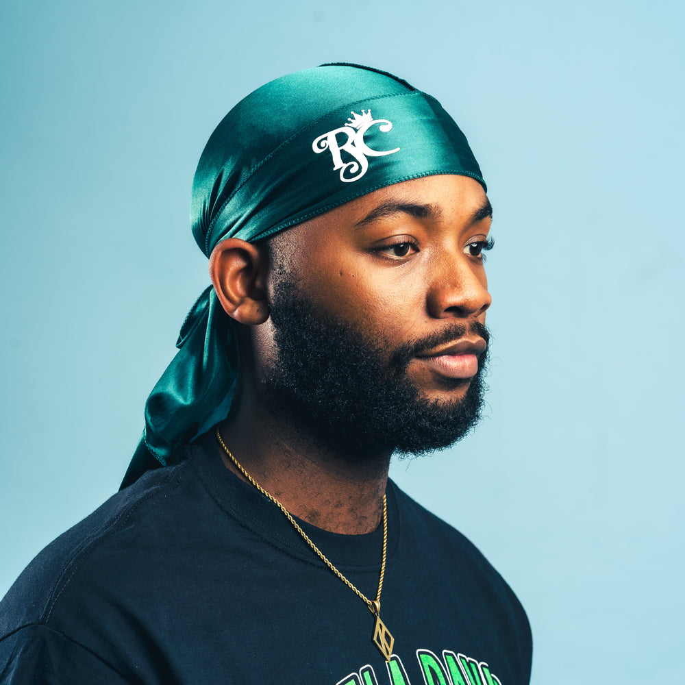 side view of green royal crown silk durag