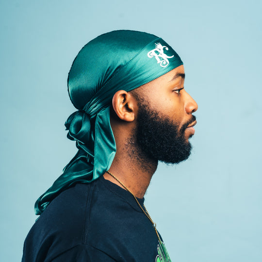 flap and logo view of green royal crown silk durag