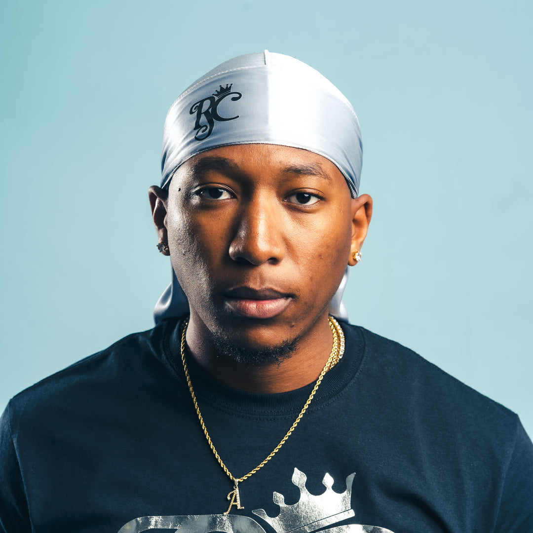 front view of silver royal crown silky durag