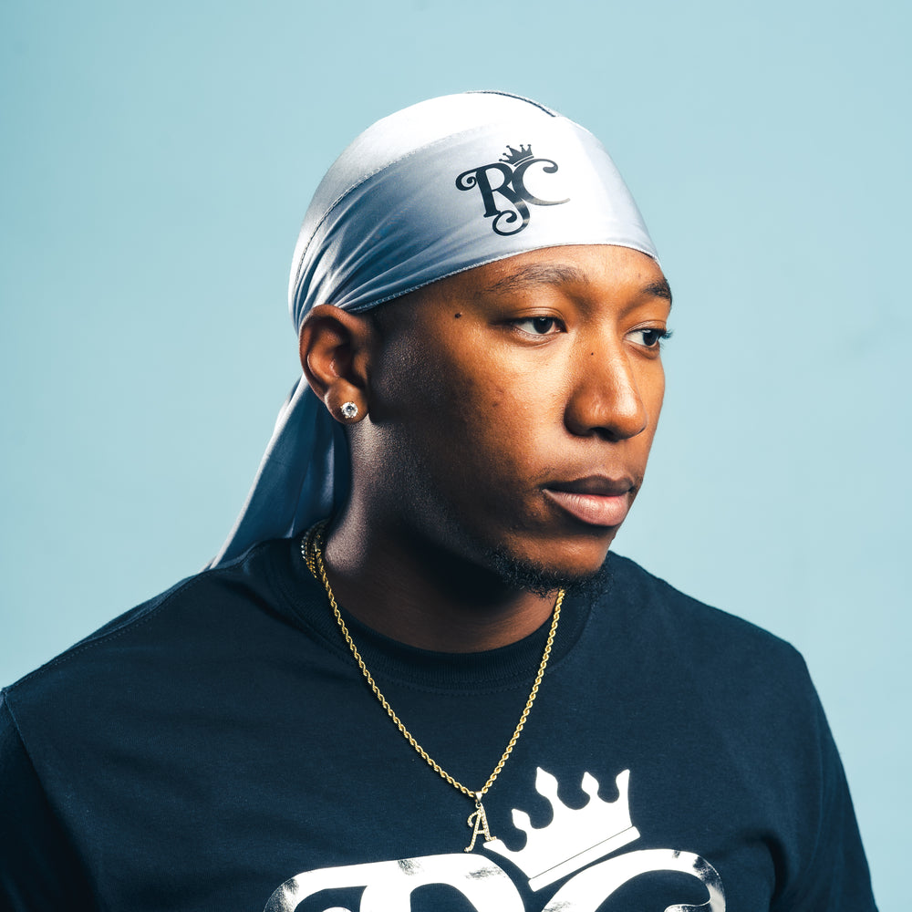 corner view of silver royal crown silky durag