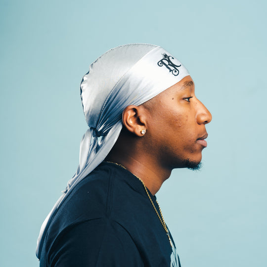 side view of silver royal crown silky durag