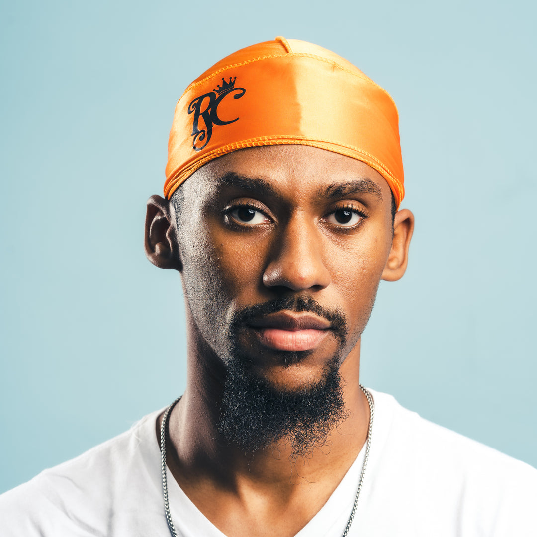front view of orange royal crown silky durag