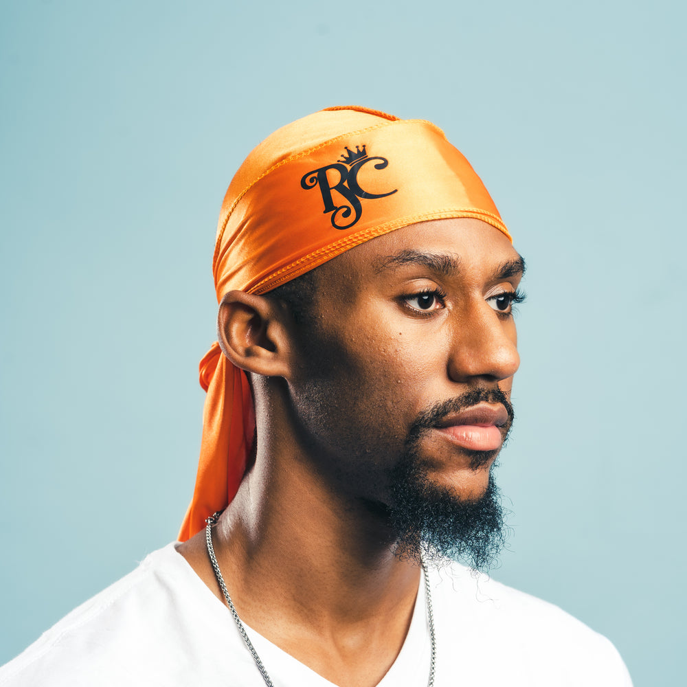 corner view of orange royal crown silky durag