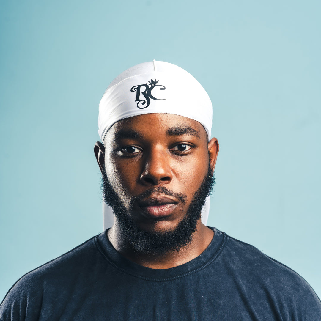 front view of white royal crown silky durag