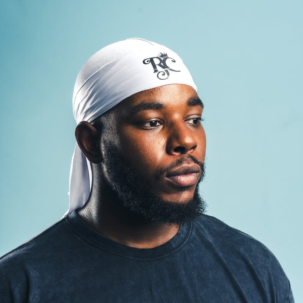 corner view of white royal crown silky durag