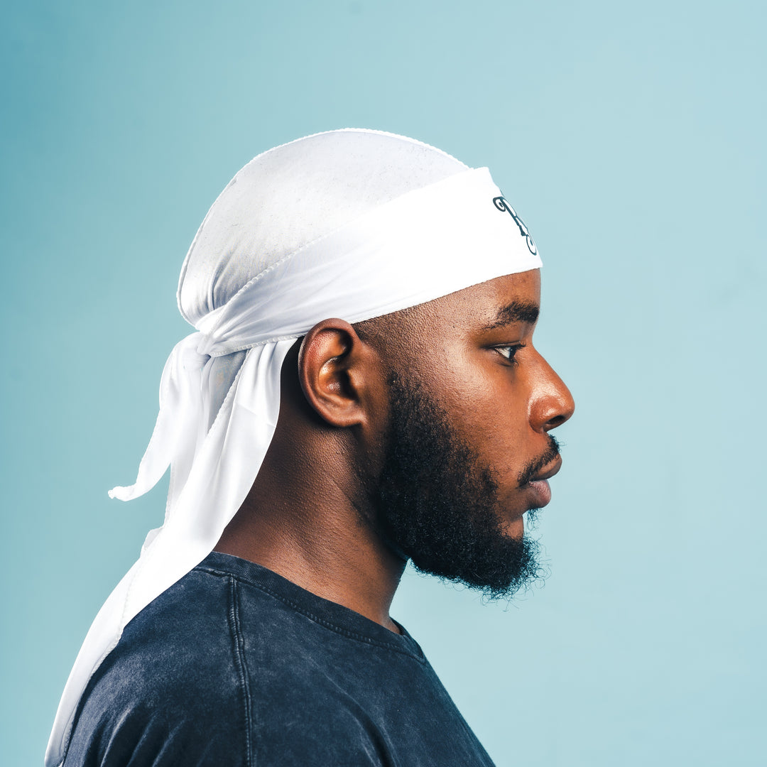 side view of white royal crown silky durag