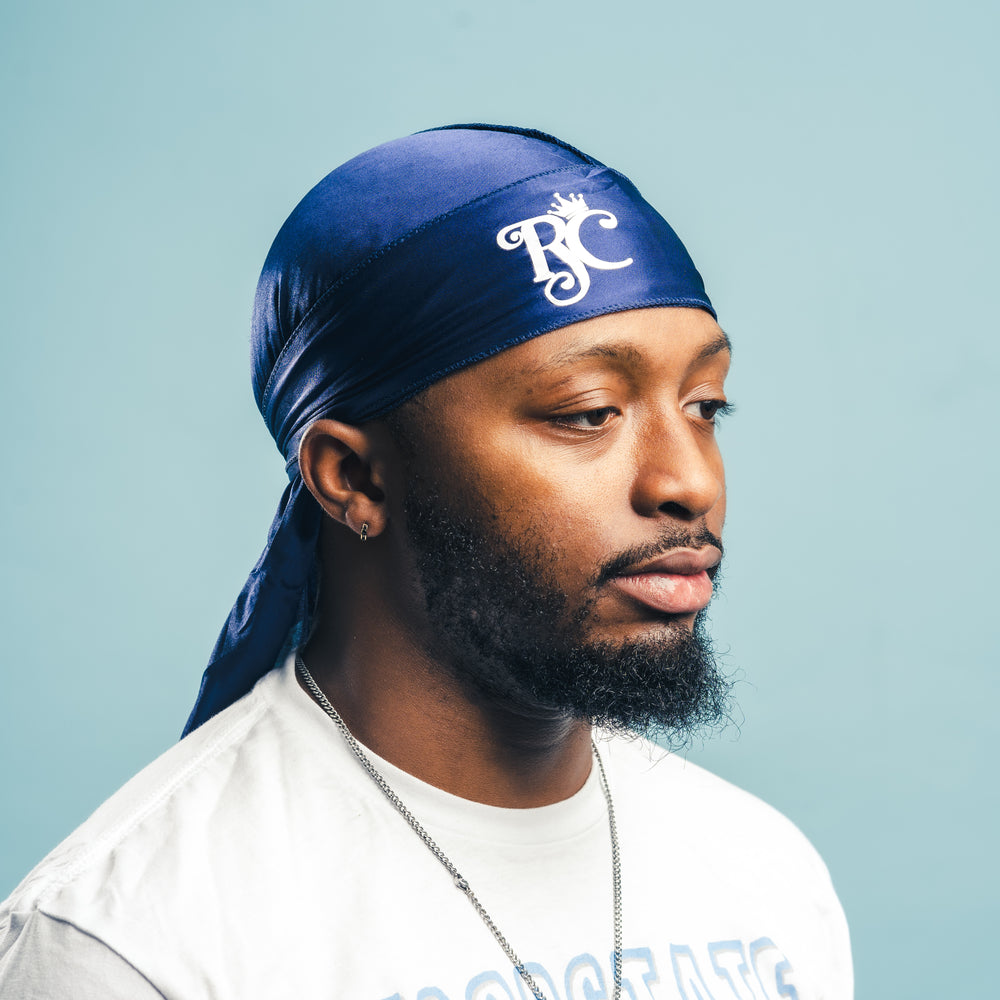 corner view of navy blue silk durag