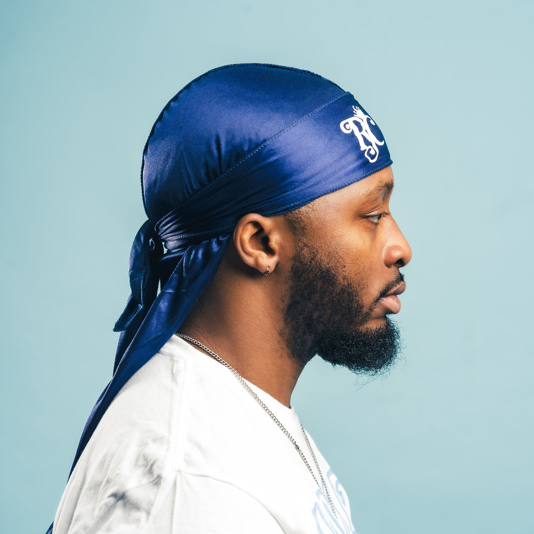 side view of navy blue silk durag