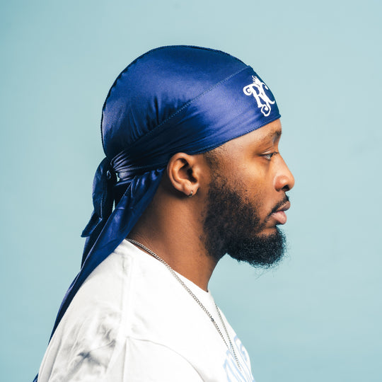 side view of navy blue silk durag