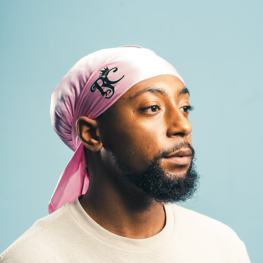 corner logo view of pink royal crown silky durag