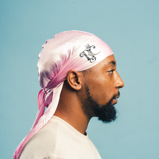 side view of pink royal crown silky durag
