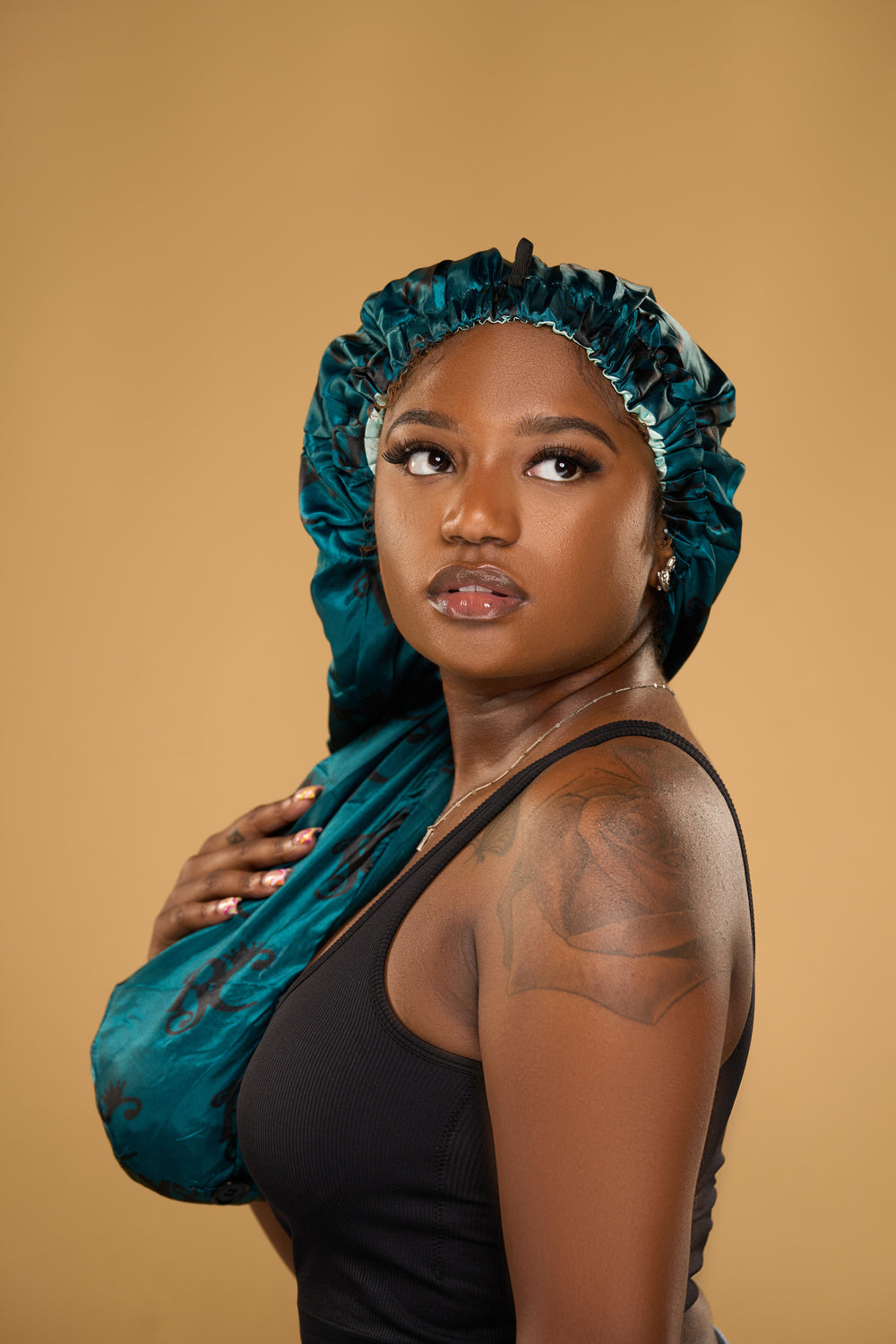double satin teal long bonnet